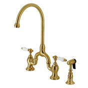 Bridge Kitchen Faucet, English Country, Two-Handle with Sprayer in Brushed Brass
