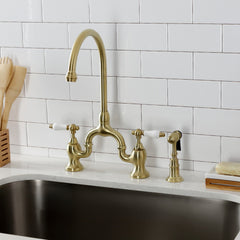 Bridge Kitchen Faucet, English Country, Two-Handle with Sprayer in Brushed Brass