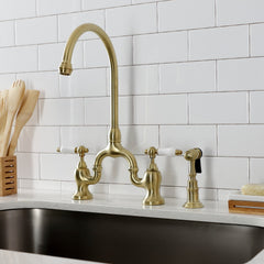 Bridge Kitchen Faucet, English Country, Two-Handle with Sprayer in Brushed Brass