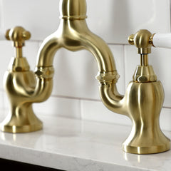 Bridge Kitchen Faucet, English Country, Two-Handle with Sprayer in Brushed Brass