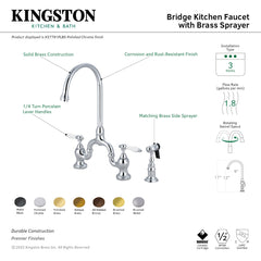 Bridge Kitchen Faucet, English Country, Two-Handle with Sprayer in Brushed Brass