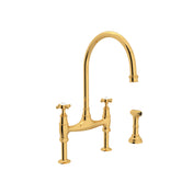 Bridge Kitchen Faucet, Georgian Era, Side Spray, 2 Cross Handles, Unlacquered Brass