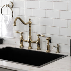 Bridge Kitchen Faucet, Heirloom, Two-Handle with Brass Sprayer in Antique Brass