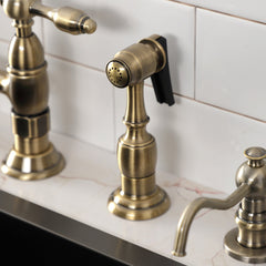Bridge Kitchen Faucet, Heirloom, Two-Handle with Brass Sprayer in Antique Brass