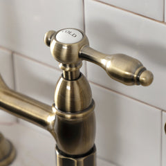 Bridge Kitchen Faucet, Heirloom, Two-Handle with Brass Sprayer in Antique Brass