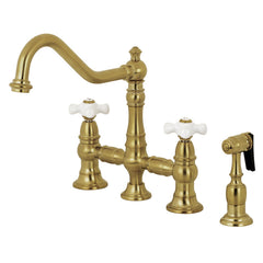 Bridge Kitchen Faucet, Heirloom, Two-Handle with Brass Sprayer in Brushed Brass