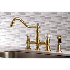 Bridge Kitchen Faucet, Heirloom, Two-Handle with Brass Sprayer in Brushed Brass