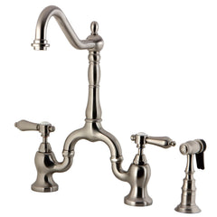 Bridge Kitchen Faucet, Heirloom, Two-Handle with Brass Sprayer in Brushed Nickel