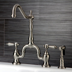 Bridge Kitchen Faucet, Heirloom, Two-Handle with Brass Sprayer in Brushed Nickel