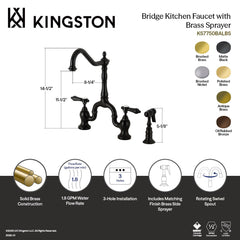 Bridge Kitchen Faucet, Heirloom, Two-Handle with Brass Sprayer in Brushed Nickel