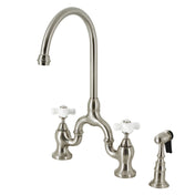 Bridge Kitchen Faucet, Heirloom, Two-Handle with Brass Sprayer in Brushed Nickel