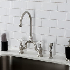 Bridge Kitchen Faucet, Heirloom, Two-Handle with Brass Sprayer in Brushed Nickel