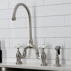 Bridge Kitchen Faucet, Heirloom, Two-Handle with Brass Sprayer in Brushed Nickel