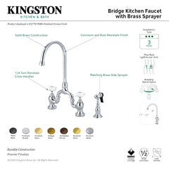 Bridge Kitchen Faucet, Heirloom, Two-Handle with Brass Sprayer in Brushed Nickel