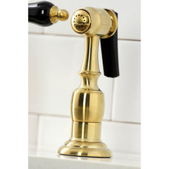 Bridge Kitchen Faucet, Heirloom, Two-Handle with Brass Sprayer in Brushed Brass