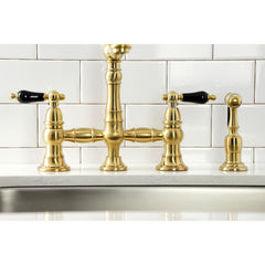 Bridge Kitchen Faucet, Heirloom, Two-Handle with Brass Sprayer in Brushed Brass