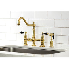Bridge Kitchen Faucet, Heirloom, Two-Handle with Brass Sprayer in Brushed Brass