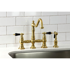 Bridge Kitchen Faucet, Heirloom, Two-Handle with Brass Sprayer in Brushed Brass
