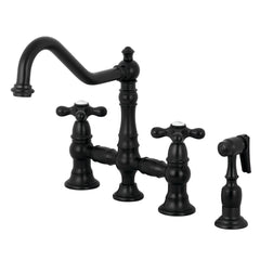 Bridge Kitchen Faucet, Heirloom, Two-Handle with Brass Sprayer in Matte Black