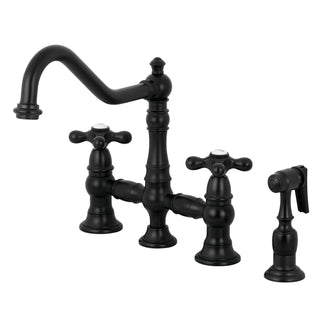 Bridge Kitchen Faucet, Heirloom, Two-Handle with Brass Sprayer in Matte Black
