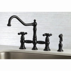 Bridge Kitchen Faucet, Heirloom, Two-Handle with Brass Sprayer in Matte Black
