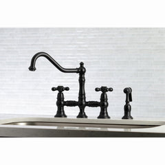 Bridge Kitchen Faucet, Heirloom, Two-Handle with Brass Sprayer in Matte Black