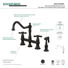 Bridge Kitchen Faucet, Heirloom, Two-Handle with Brass Sprayer in Matte Black