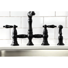 Bridge Kitchen Faucet, Heirloom, Two-Handle with Brass Sprayer in Matte Black