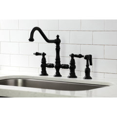 Bridge Kitchen Faucet, Heirloom, Two-Handle with Brass Sprayer in Matte Black