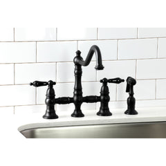 Bridge Kitchen Faucet, Heirloom, Two-Handle with Brass Sprayer in Matte Black
