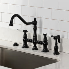 Bridge Kitchen Faucet, Heirloom, Two-Handle with Brass Sprayer in Matte Black