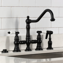 Bridge Kitchen Faucet, Heirloom, Two-Handle with Brass Sprayer in Matte Black