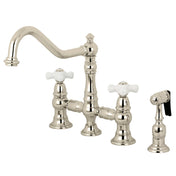 Bridge Kitchen Faucet, Heirloom, Two-Handle with Brass Sprayer in Polished Nickel