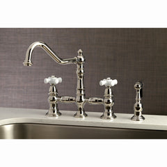 Bridge Kitchen Faucet, Heirloom, Two-Handle with Brass Sprayer in Polished Nickel