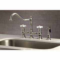 Bridge Kitchen Faucet, Heirloom, Two-Handle with Brass Sprayer in Polished Nickel