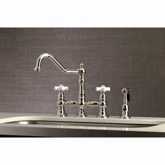 Bridge Kitchen Faucet, Heirloom, Two-Handle with Brass Sprayer in Polished Nickel
