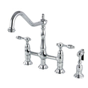 Bridge Kitchen Faucet, Heirloom, Two-Handle with Brass Sprayer in Polished Chrome