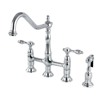 Bridge Kitchen Faucet, Heirloom, Two-Handle with Brass Sprayer in Polished Chrome