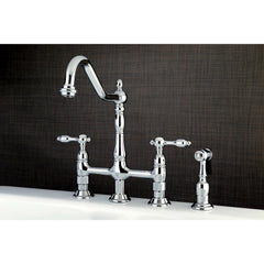 Bridge Kitchen Faucet, Heirloom, Two-Handle with Brass Sprayer in Polished Chrome