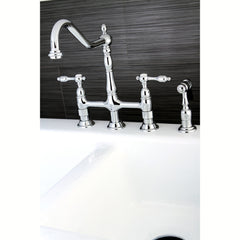 Bridge Kitchen Faucet, Heirloom, Two-Handle with Brass Sprayer in Polished Chrome