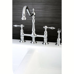 Bridge Kitchen Faucet, Heirloom, Two-Handle with Brass Sprayer in Polished Chrome