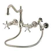Bridge Kitchen Faucet, Heirloom, Wall Mount with Brass Sprayer in Polished Nickel