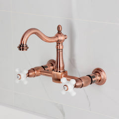 Bridge Kitchen Faucet, Heirloom, Wall Mount with Two Handles in Antique Copper