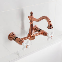 Bridge Kitchen Faucet, Heirloom, Wall Mount with Two Handles in Antique Copper