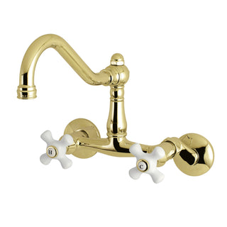 Bridge Kitchen Faucet, Heirloom, Wall Mount with Two Handles in Polished Brass