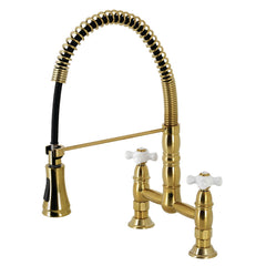 Bridge Kitchen Faucet, Heritage, 2-Hole with Cross Handles in Brushed Brass