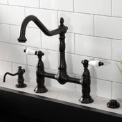 Bridge Kitchen Faucet, Heritage, Two-Handle, Deck Mount, Oil Rubbed Bronze/White