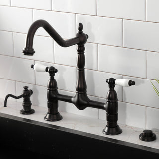 Bridge Kitchen Faucet, Heritage, Two-Handle, Deck Mount, Oil Rubbed Bronze/White