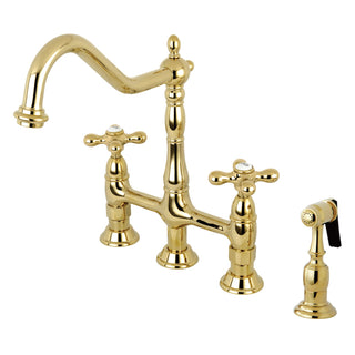Bridge Kitchen Faucet, Heritage, Two-Handle with Side Sprayer in Polished Brass