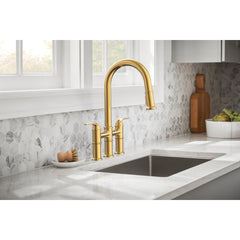 Bridge Kitchen Faucet, Kinzie, Two Handle, Pull-Down Sprayer, Brass